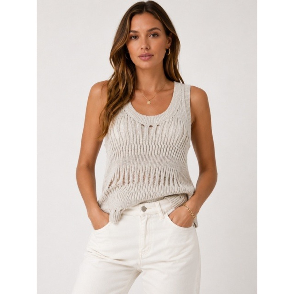 ZARA Size Small White Metallic Thread Open Knit Crochet Sleeveless Top Boho